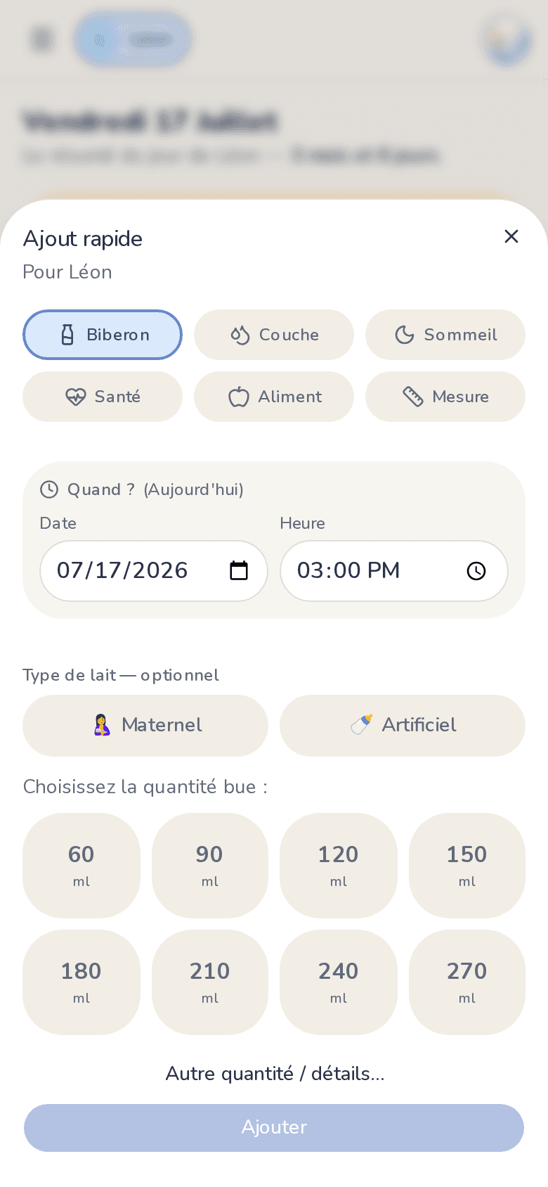 L'ajout rapide de Carnet Bébé — capture réelle de l'application, données fictives de démonstration
